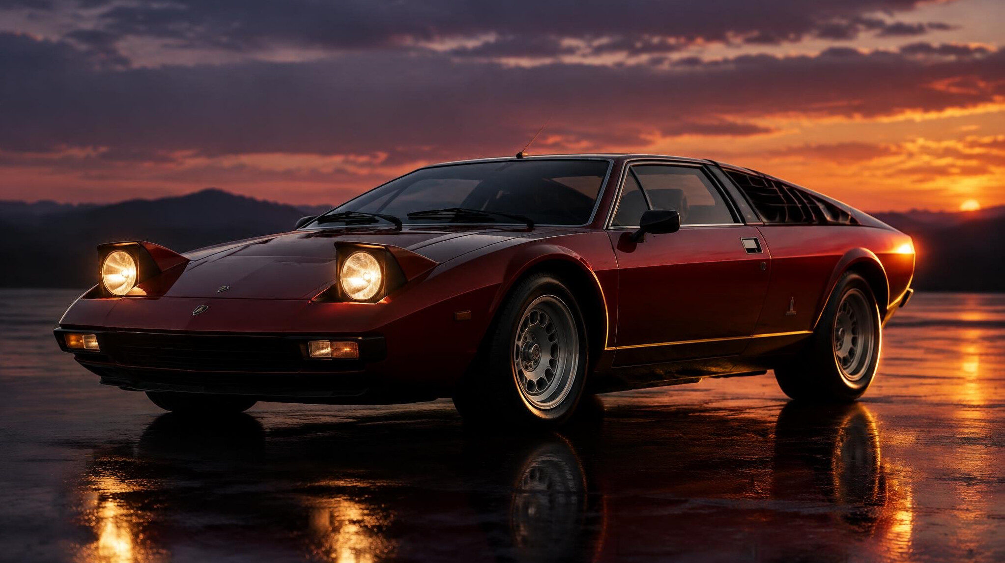 Low-slung 1970s sports car with pop-up headlights