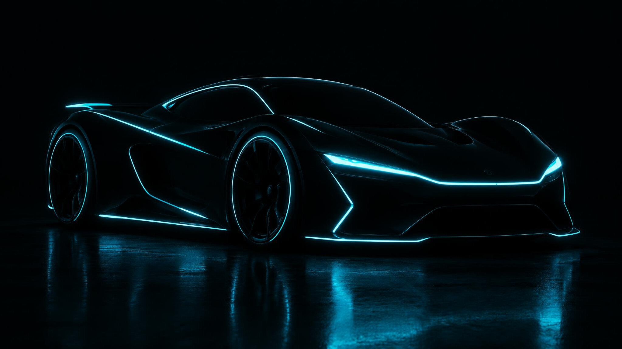 Sleek electric hypercar silhouette lit by neon cyan light