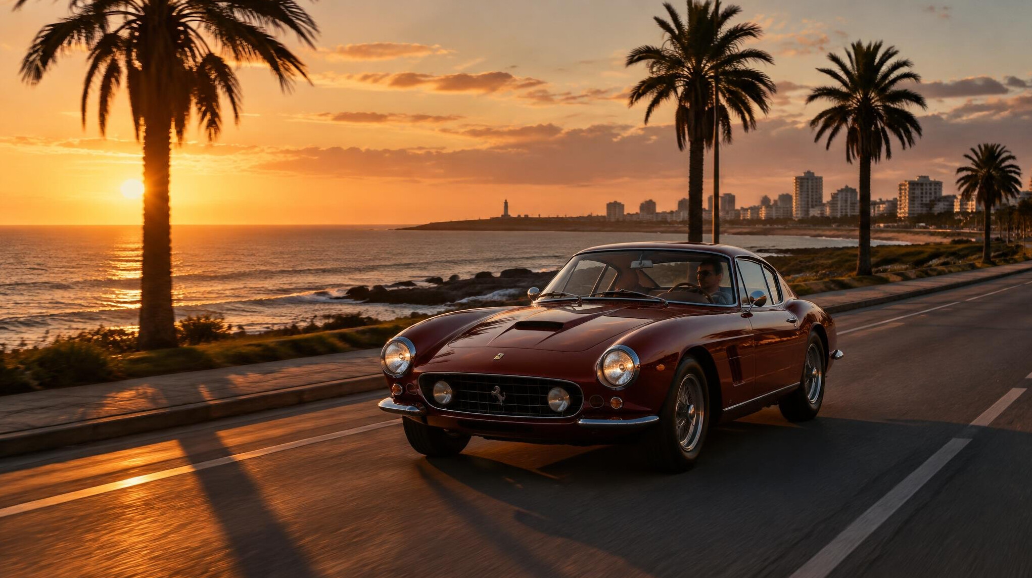 Vintage sports car driving along a coastal road in Punta del Este at dusk