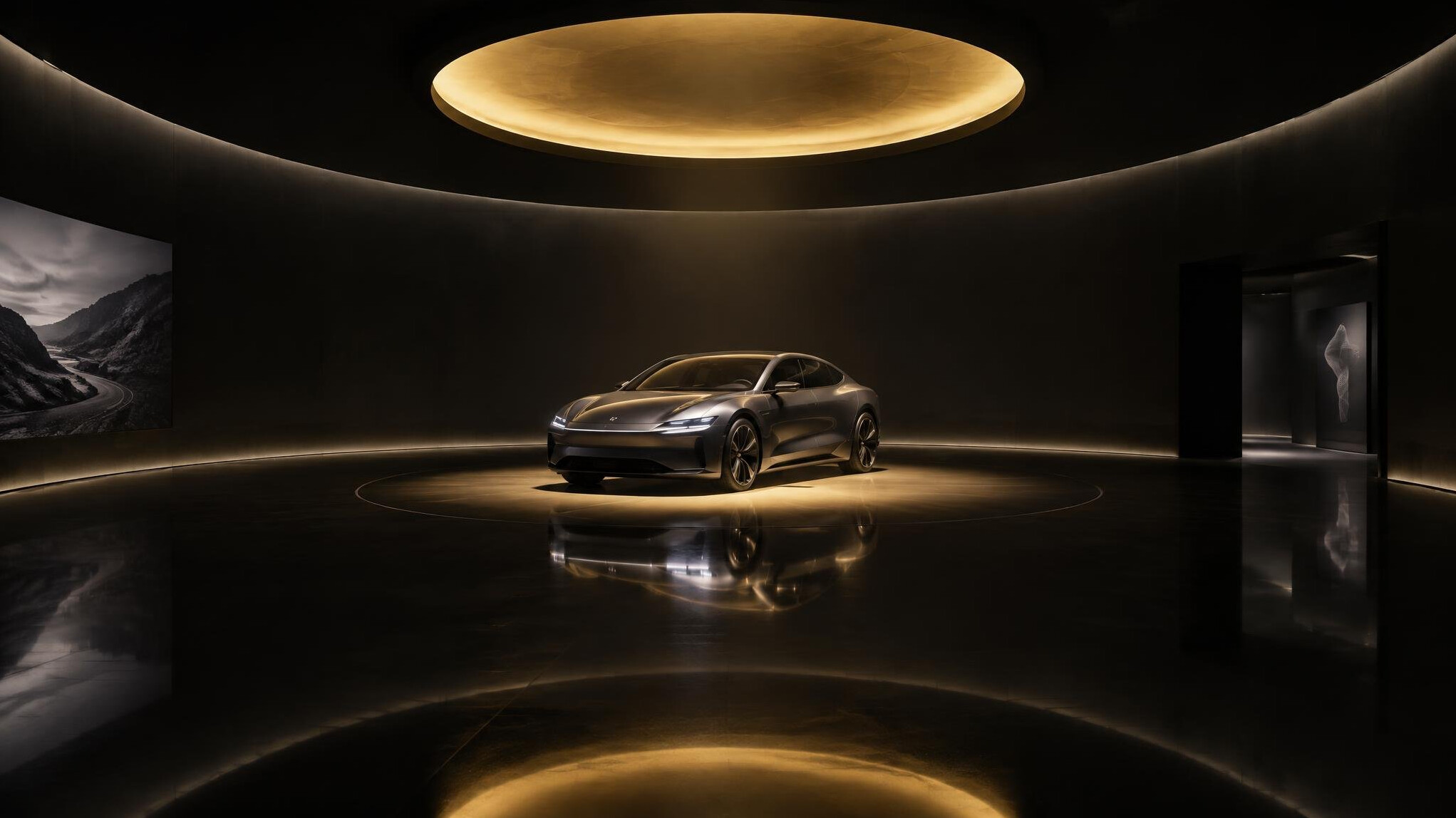 Futuristic dark gallery space displaying a single illuminated automobile