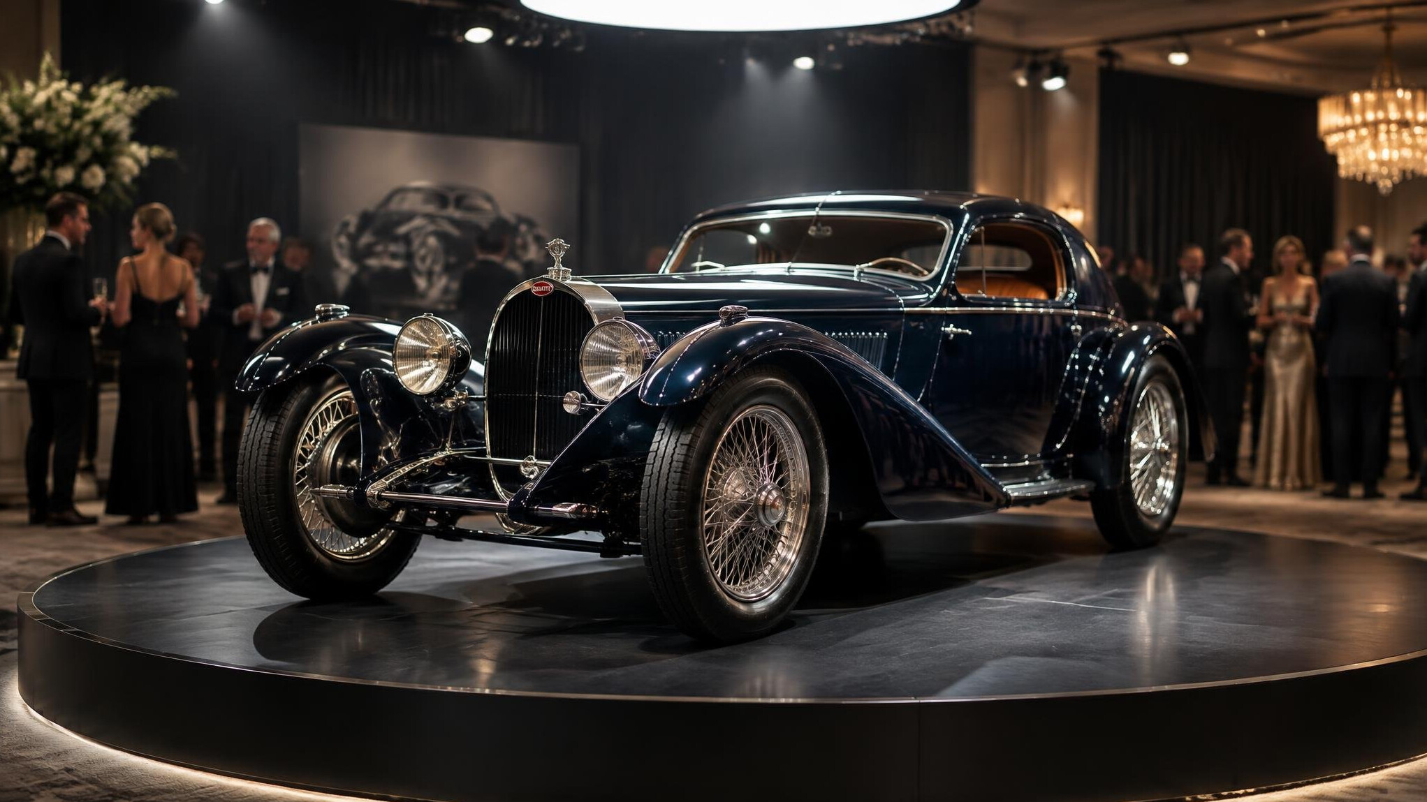 Rare vintage automobile displayed at a formal auction preview event