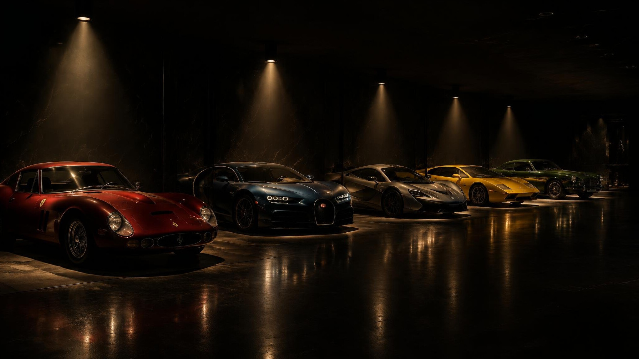 Row of exotic automobiles inside a dim private collection at night