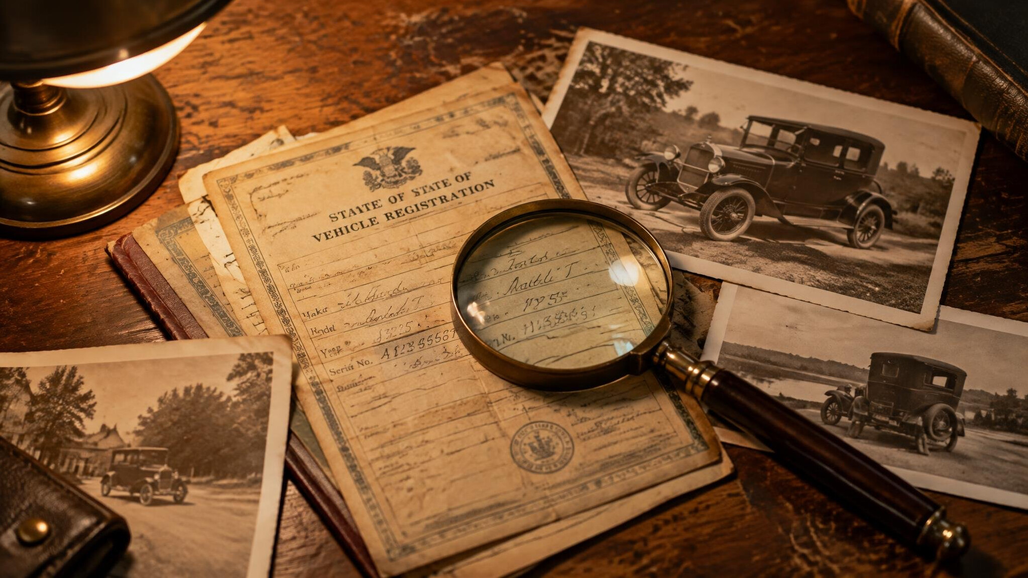 Antique automobile documents, photographs and registration papers on a wooden desk