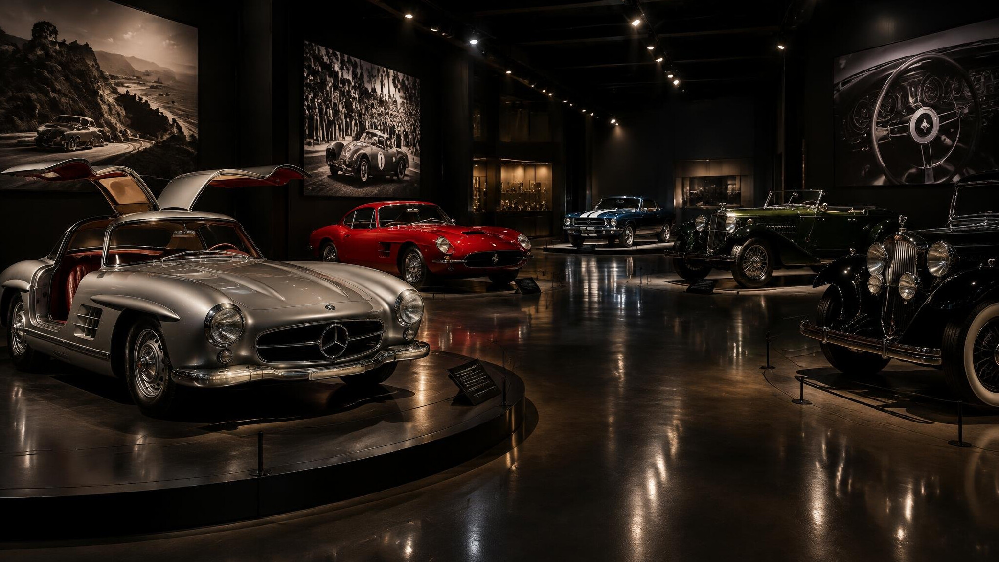 Interior of a dimly lit classic car museum with spotlighted vintage automobiles