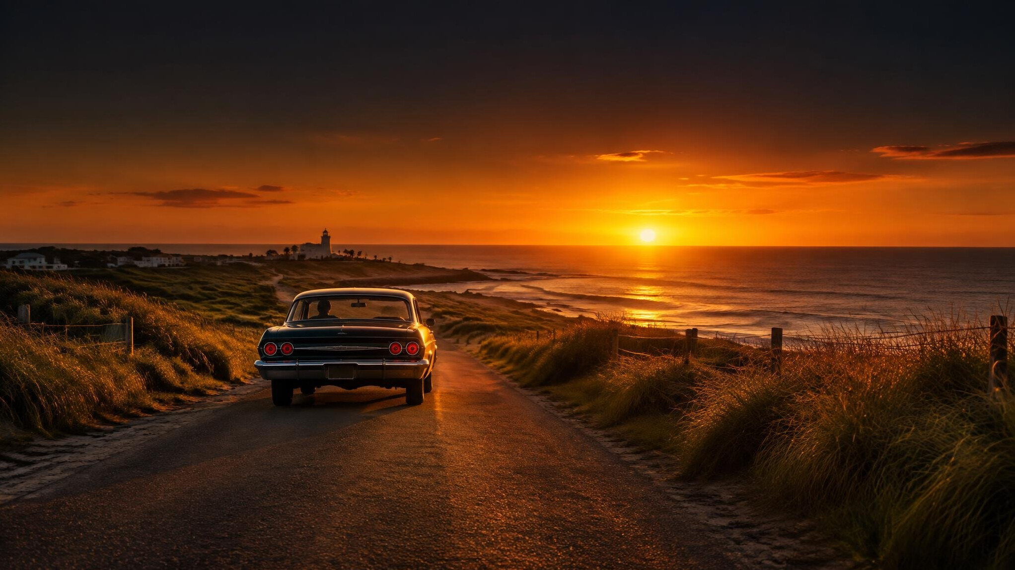 Coastal road near Jose Ignacio with a classic car driving toward the horizon