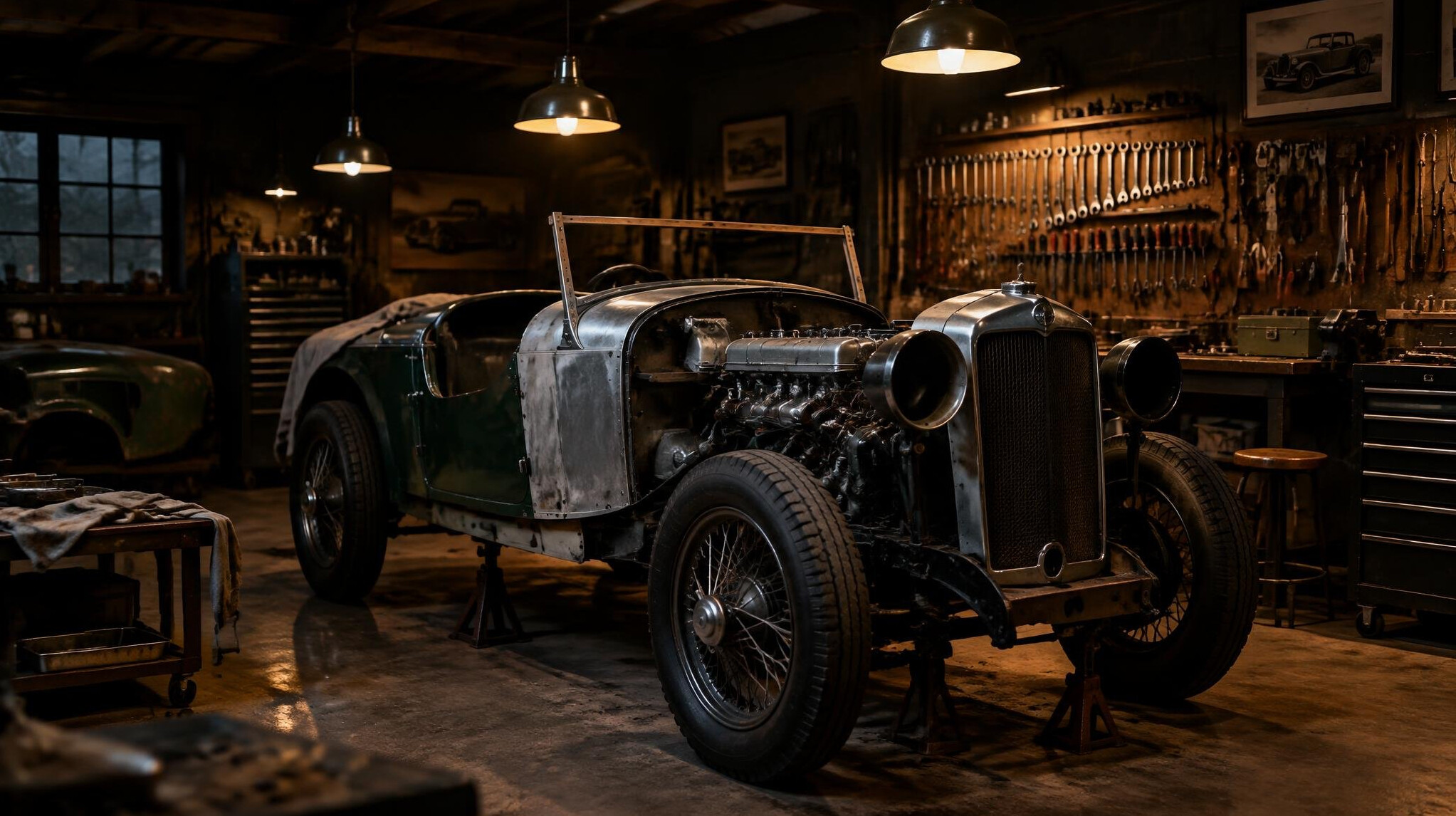 Restoration workshop with a vintage automobile under warm work lighting