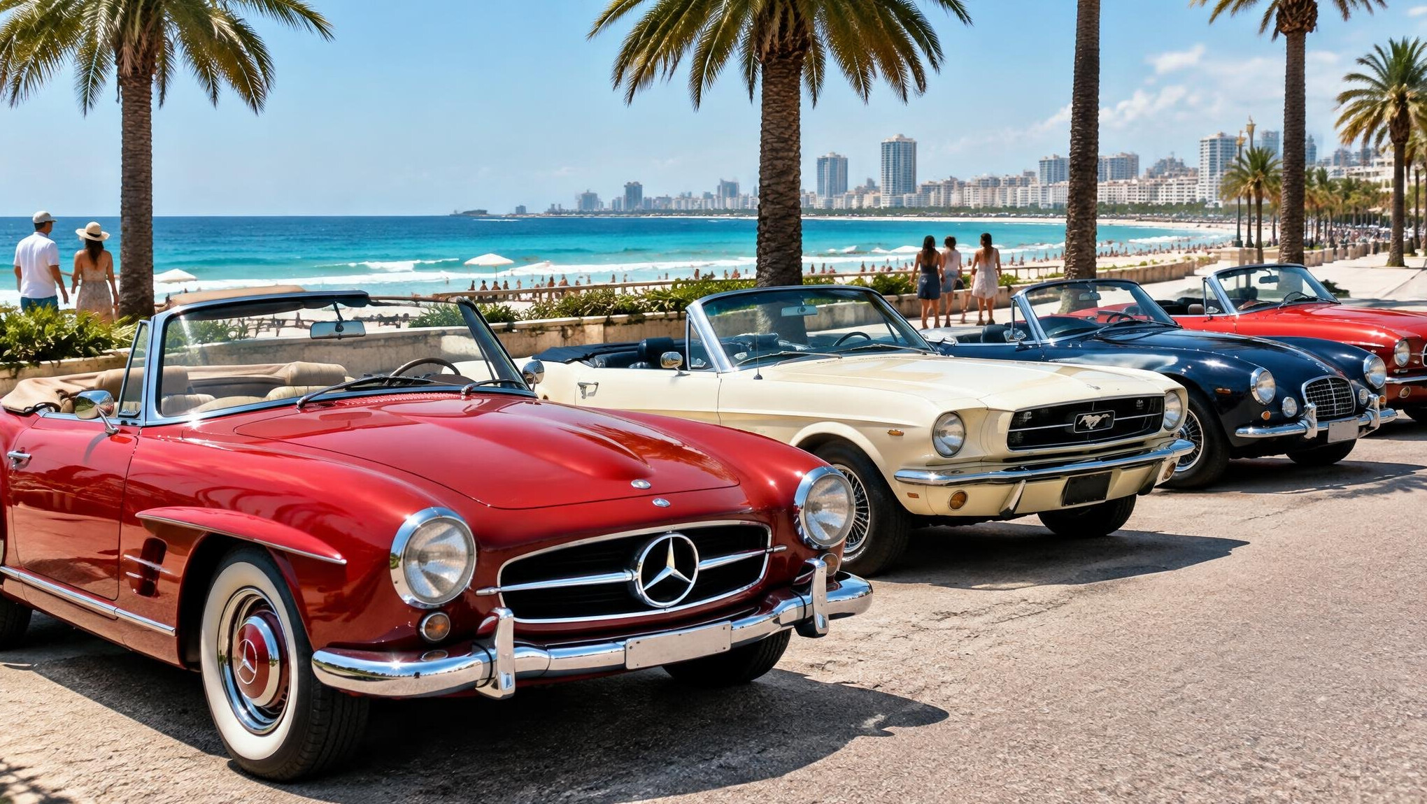 Vintage convertibles parked near the beach in Punta del Este during summer