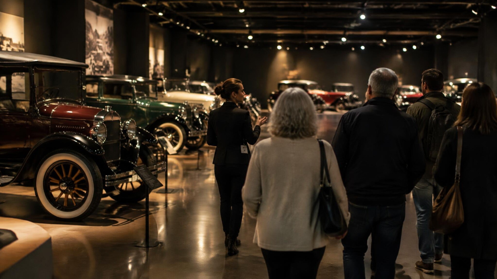Small group walking through a private automobile archive exhibition hall