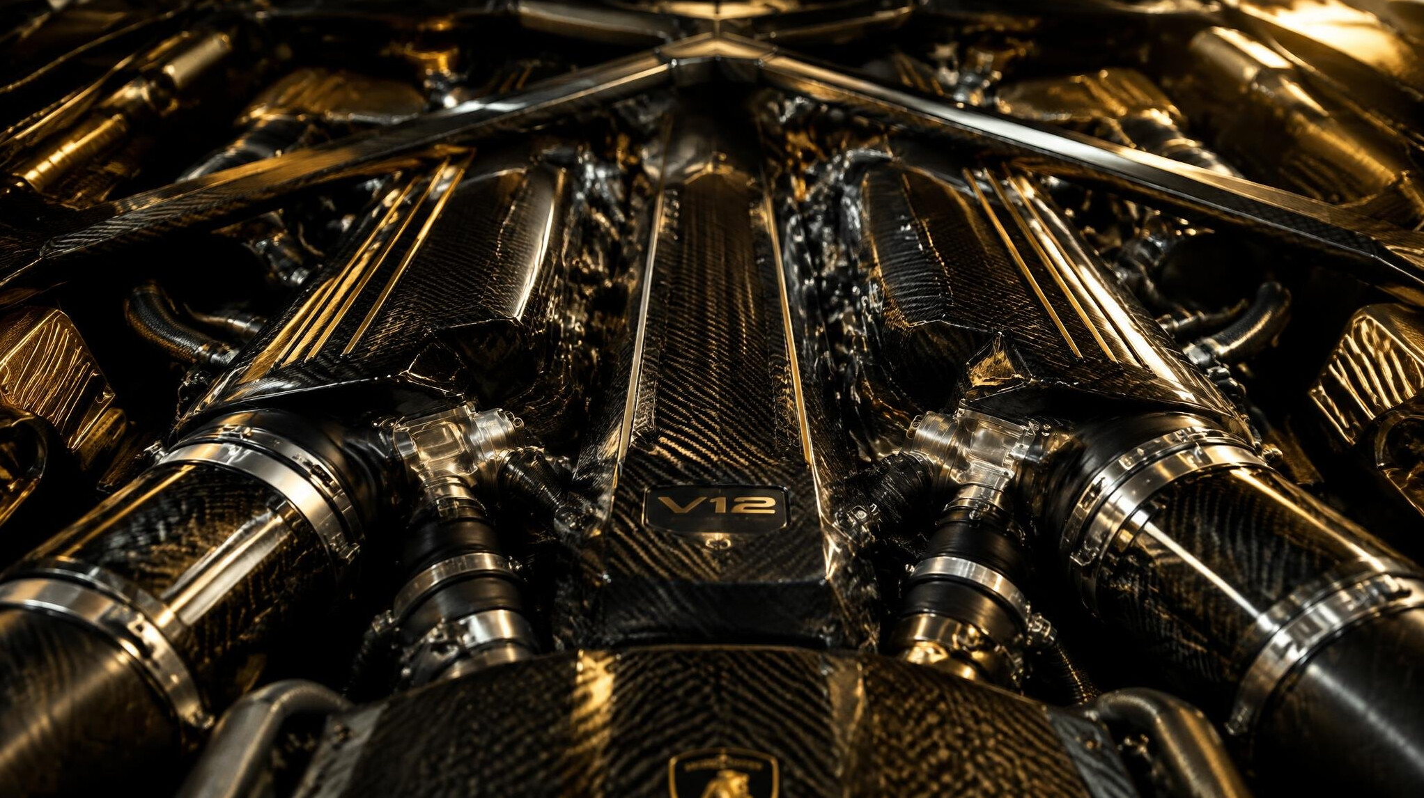 Detailed close-up of a V12 hypercar engine bay
