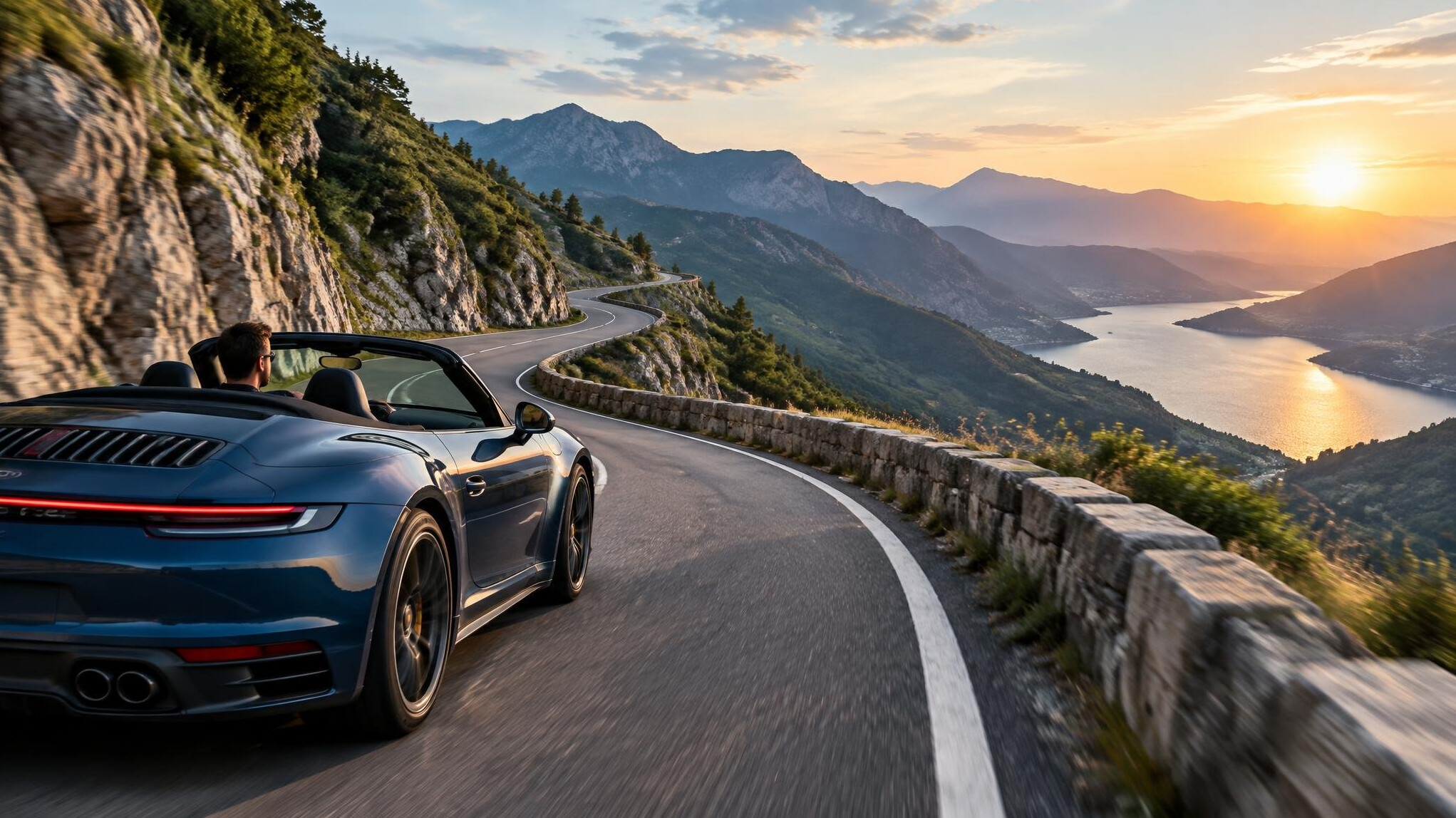 sports car on mountain pass