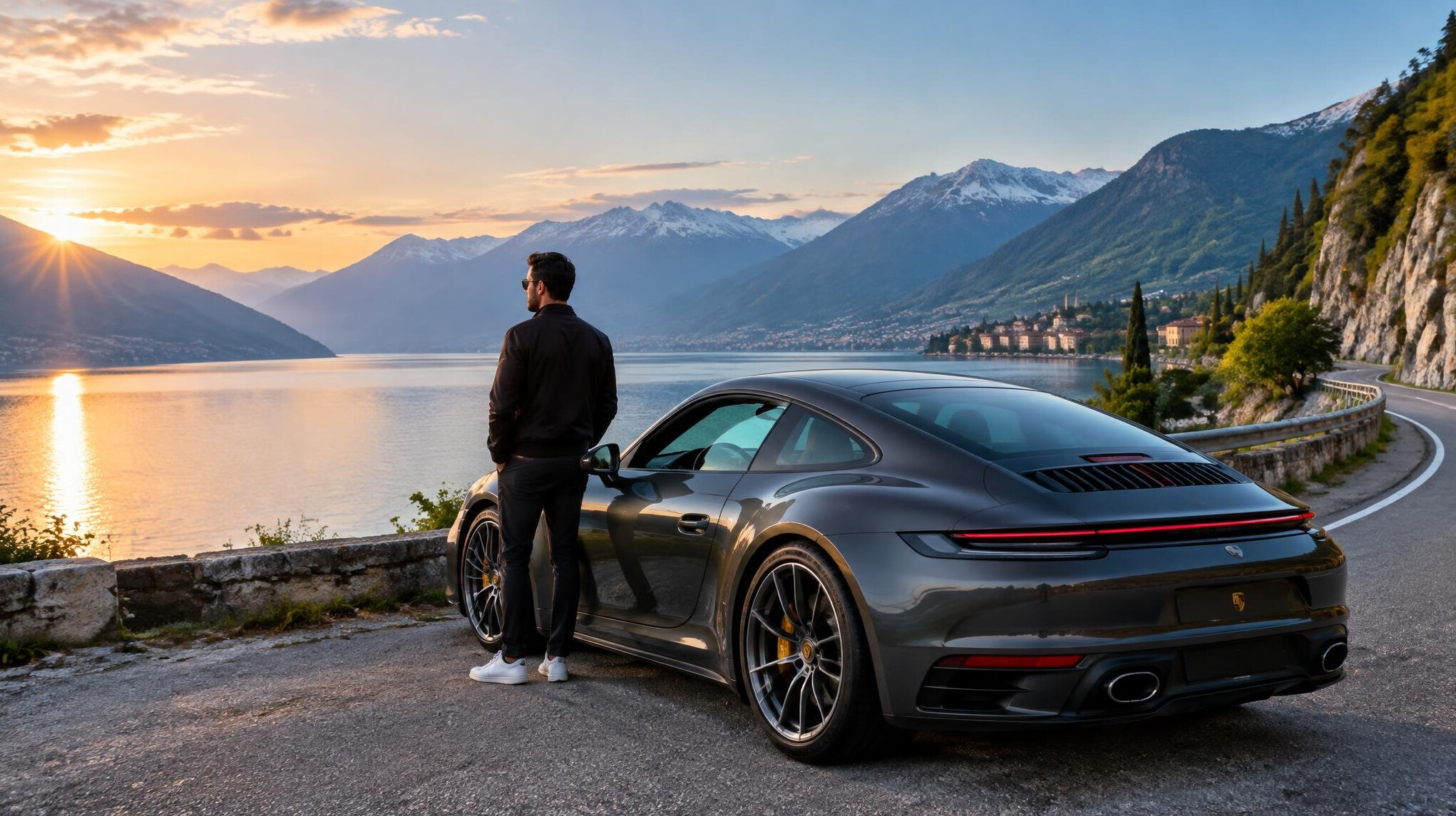 sports car parked by lake