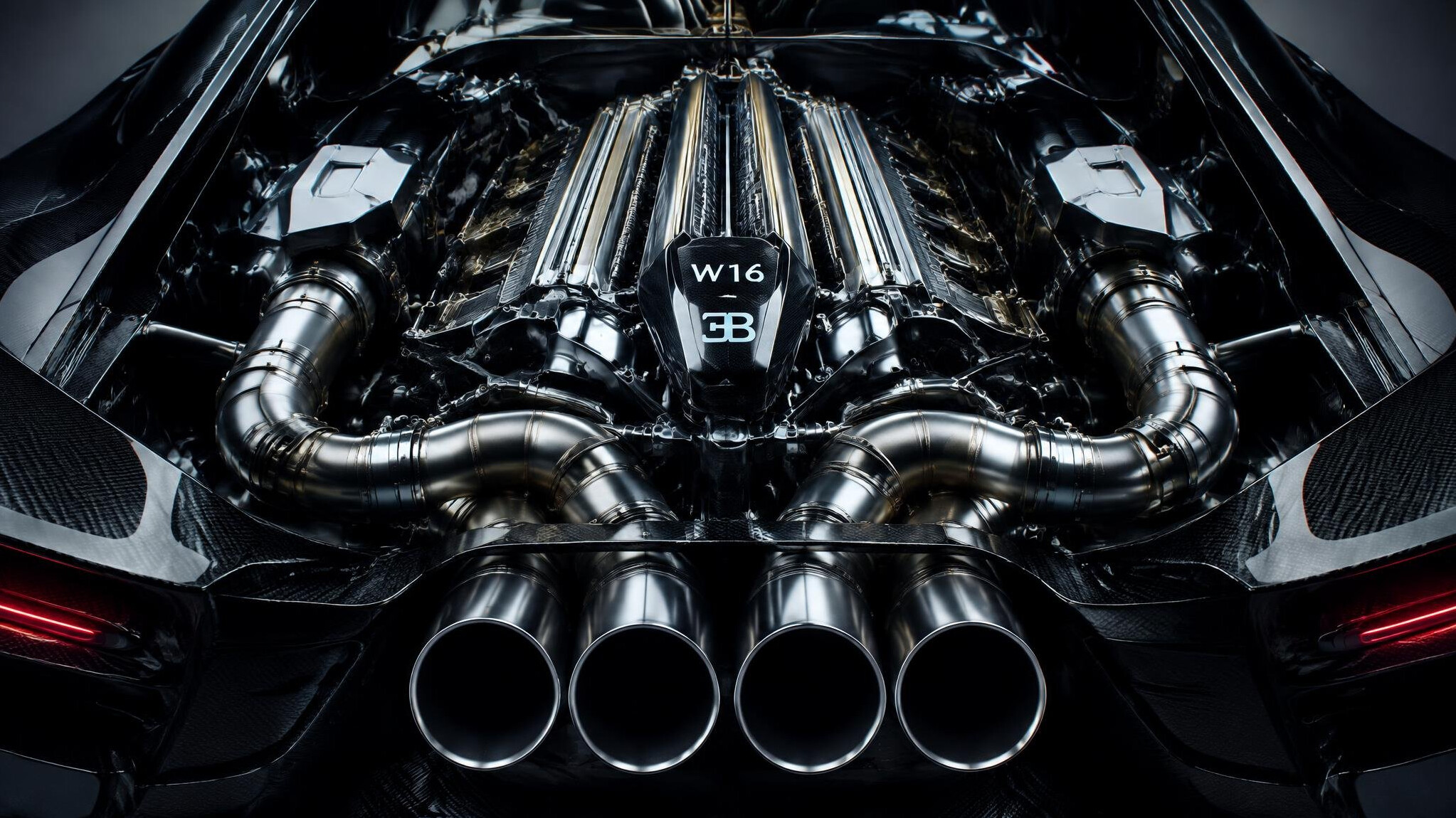 Close-up of an intricate W16 engine and exhaust system