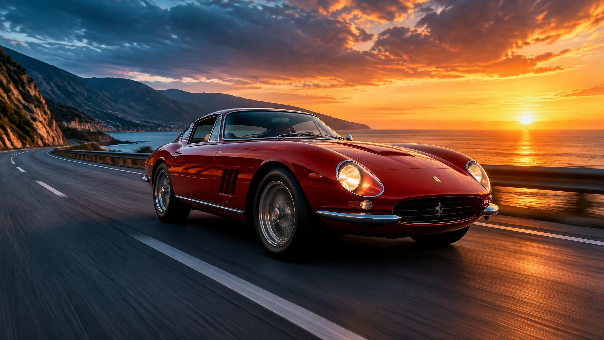 Classic red sports car driving alone on an empty highway at sunset