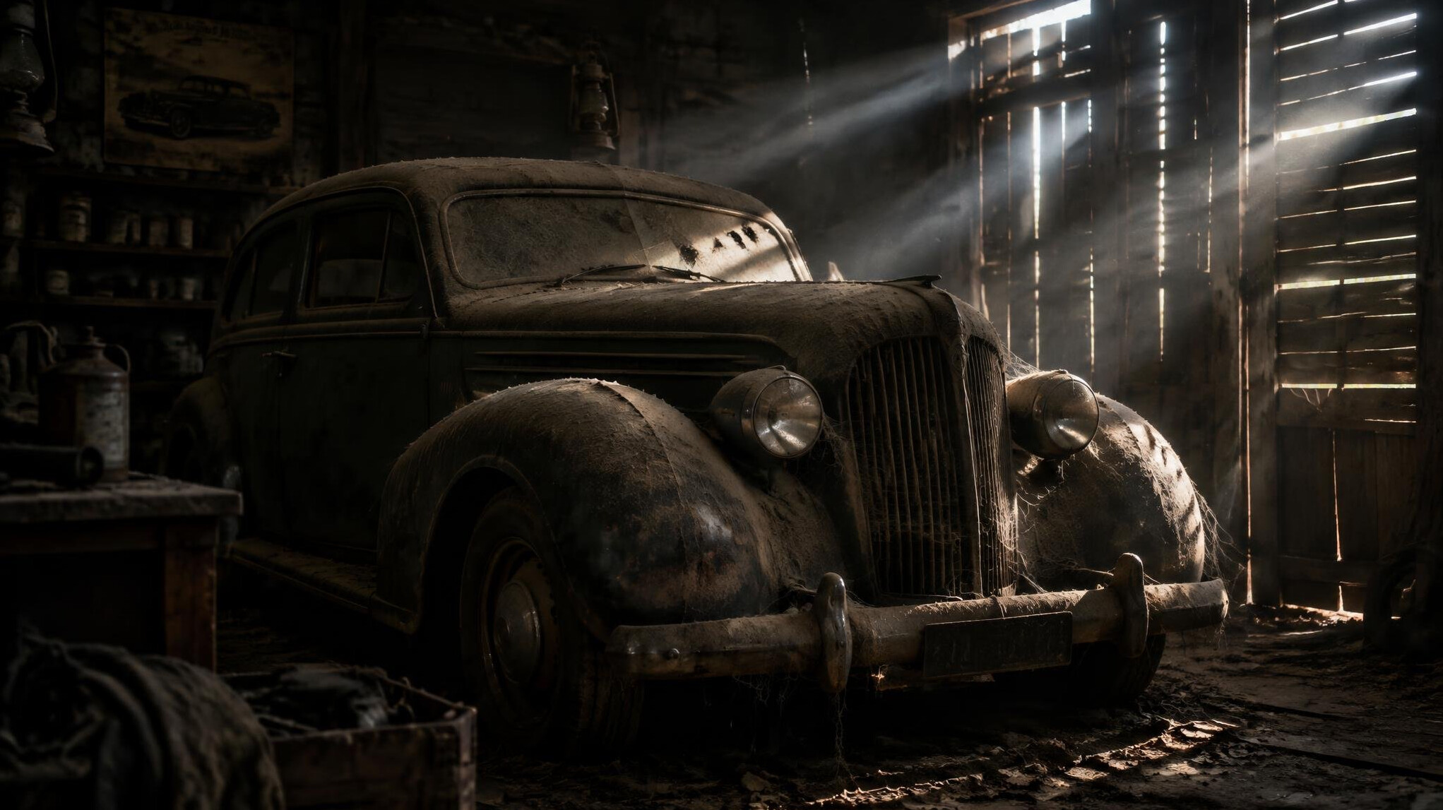 Dust-covered vintage automobile hidden in an abandoned garage