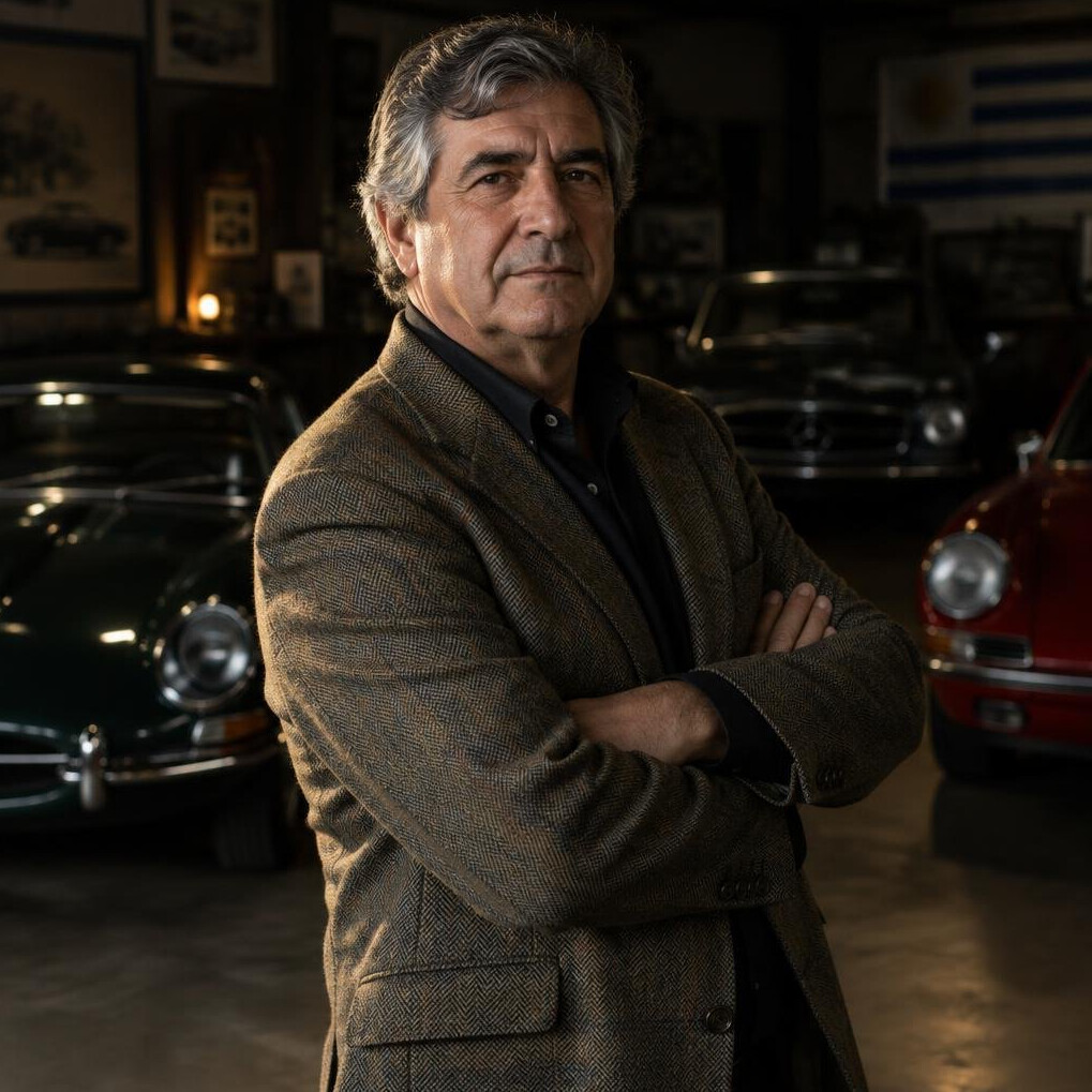 Portrait of an older Uruguayan car collector standing in his private garage