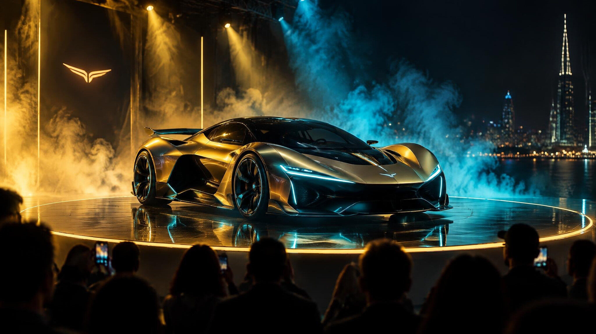 Hypercar showcased on stage at a nighttime automotive event