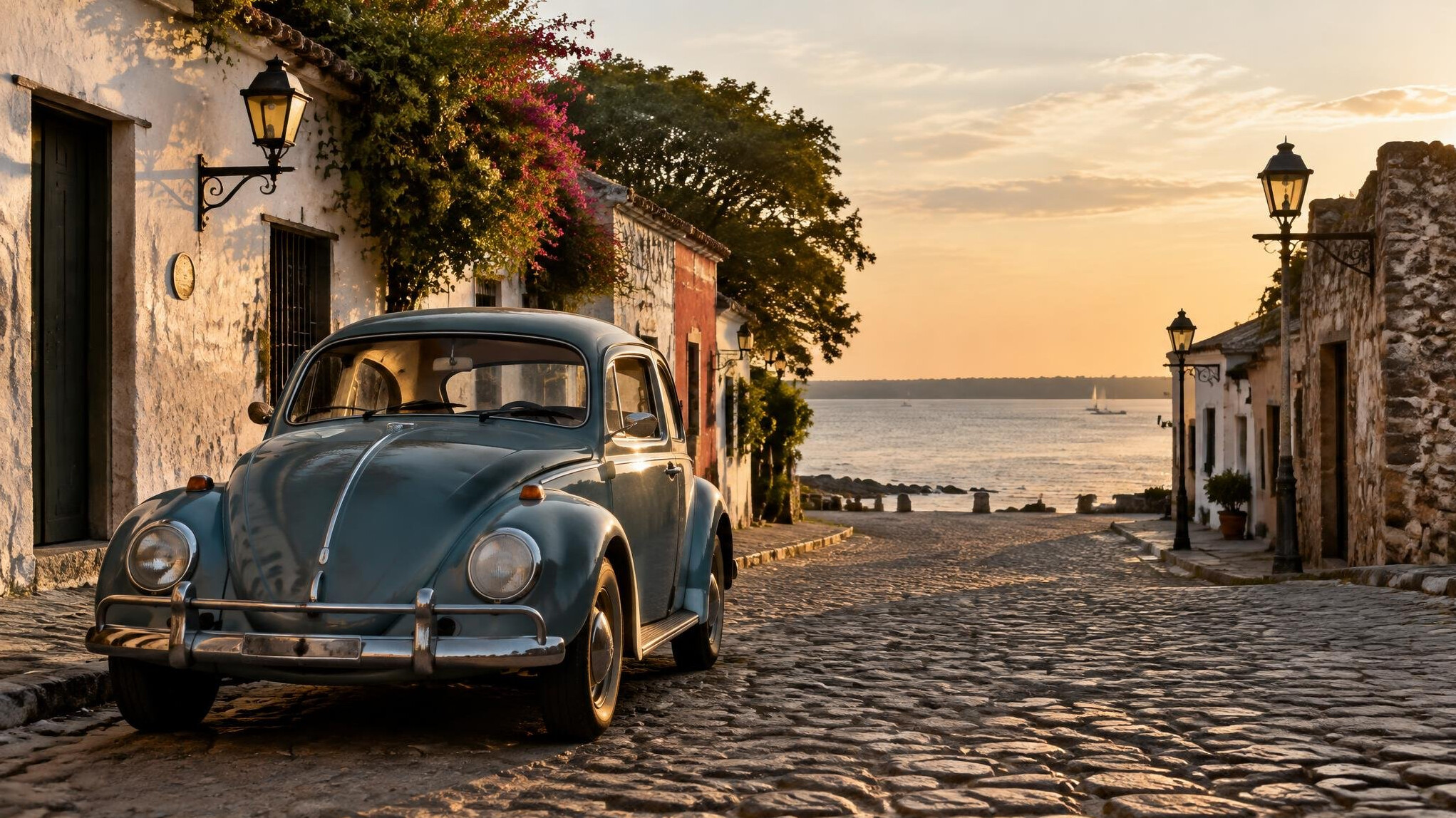 Vintage automobile parked on the cobblestone streets of Colonia del Sacramento