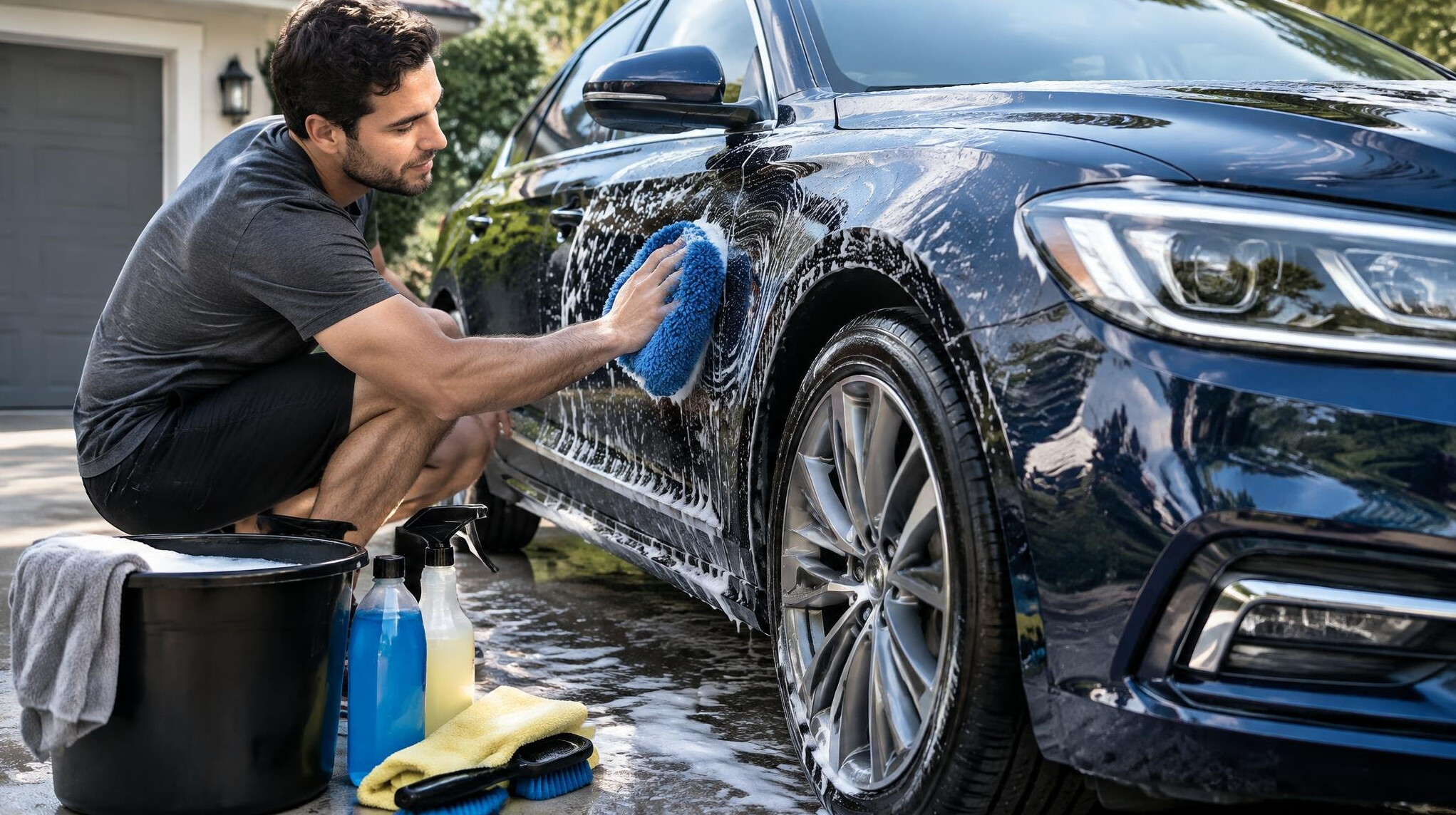 person washing car